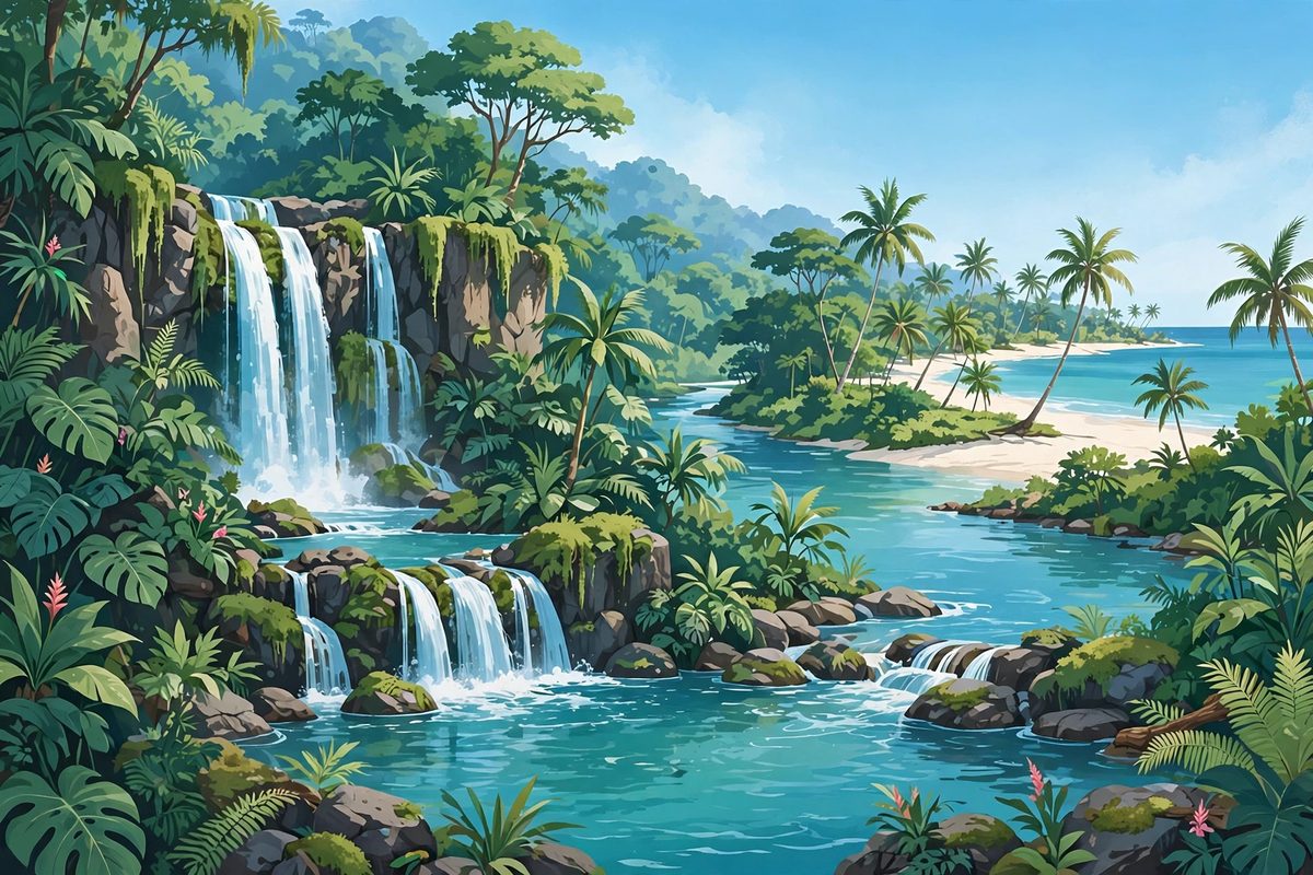 Illustration of a Jamaican waterfall and beach