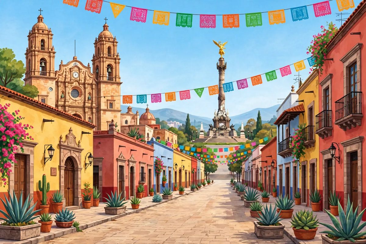 Illustration of a colorful Mexican colonial city