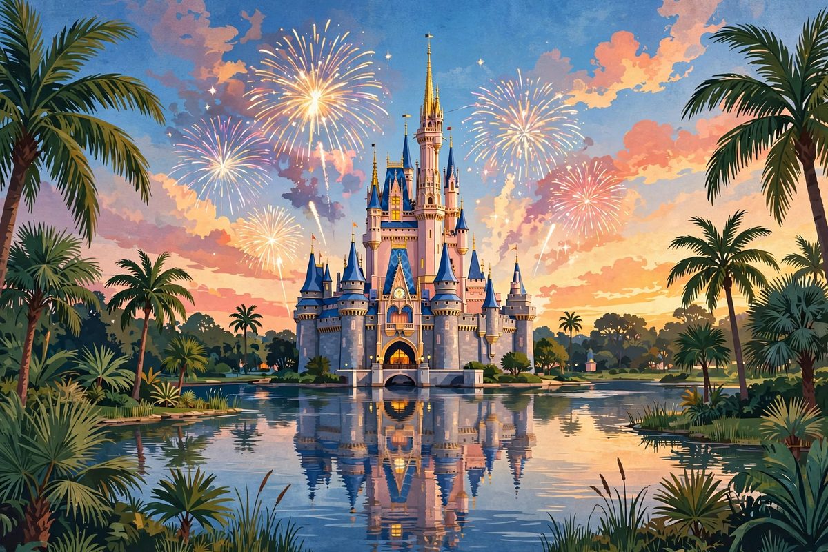 Illustration of an Orlando castle with fireworks and palm trees