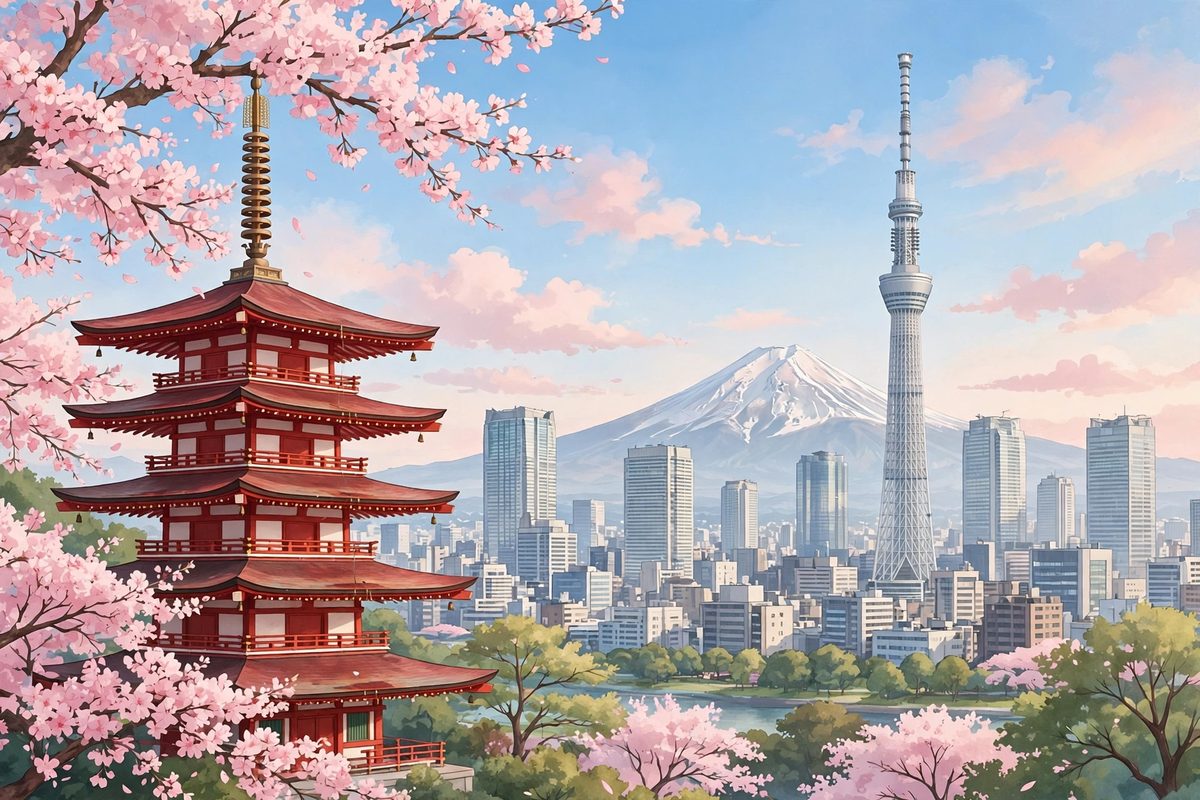 Illustration of Tokyo with Mount Fuji